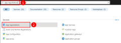 Een schermopname die laat zien hoe u de bovenste zoekbalk in Azure Portal gebruikt om naar de pagina App-registraties te zoeken en te navigeren.