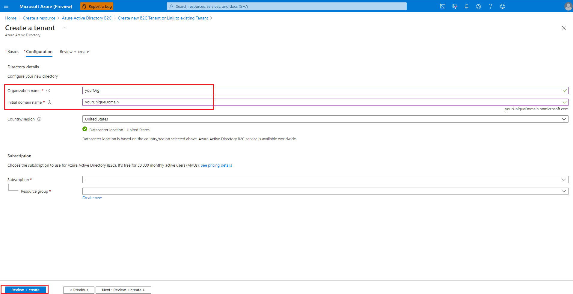 scherm voor Tenant maken in Azure AD B2C.