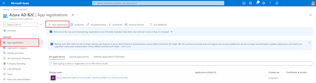 schermopname van Azure Portal met het scherm Azure AD B2C-app-registraties.
