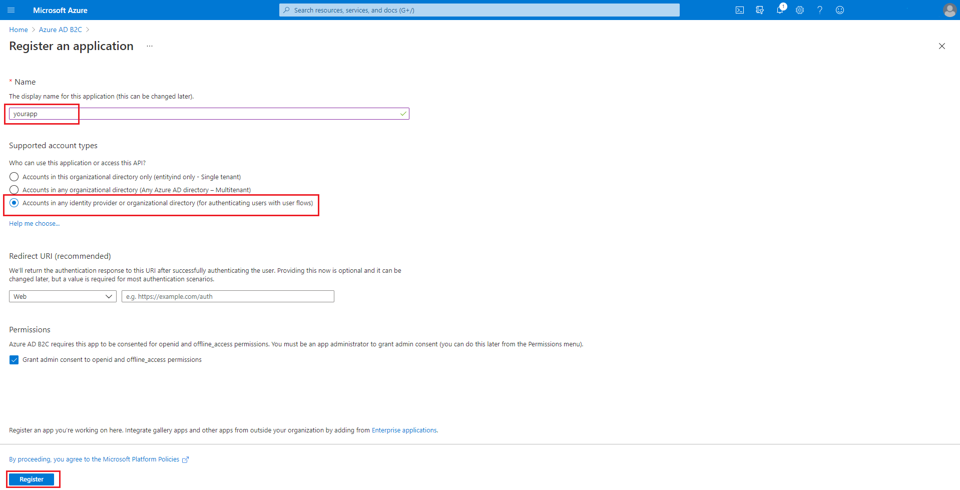 Azure AD B2C een aanvraagformulier registreren.