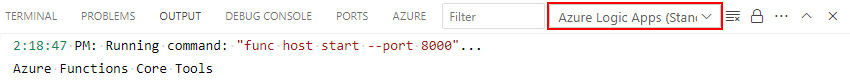 Schermopname van het venster Uitvoer met een bereiklijst en Azure Logic Apps (Standard) geselecteerd.