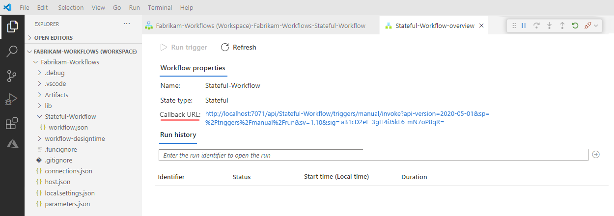 Schermopname van de overzichtspagina van de werkstroom met de callback-URL.