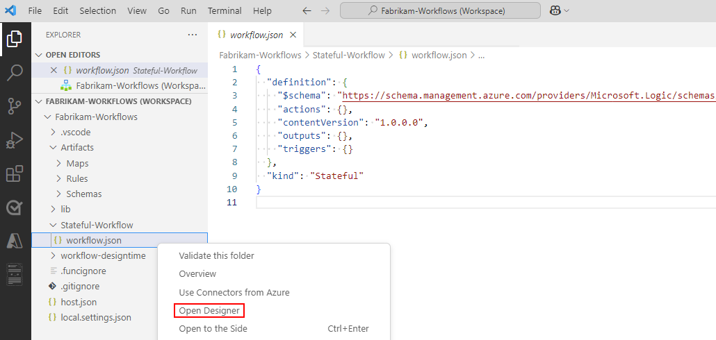 Schermopname van het deelvenster Explorer, workflow.json snelmenu voor bestanden en Open Designer geselecteerd.