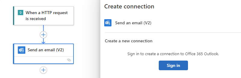 Schermopname van acties met de naam Een e-mail verzenden (V2) met de geselecteerde aanmeldingsknop.