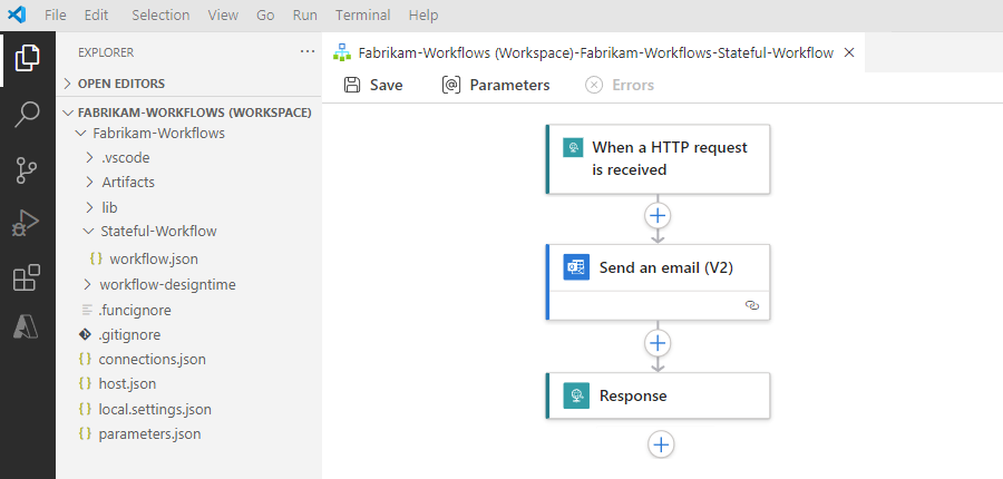 Schermopname van Visual Studio Code, werkruimte van logische app, project en werkstroom.