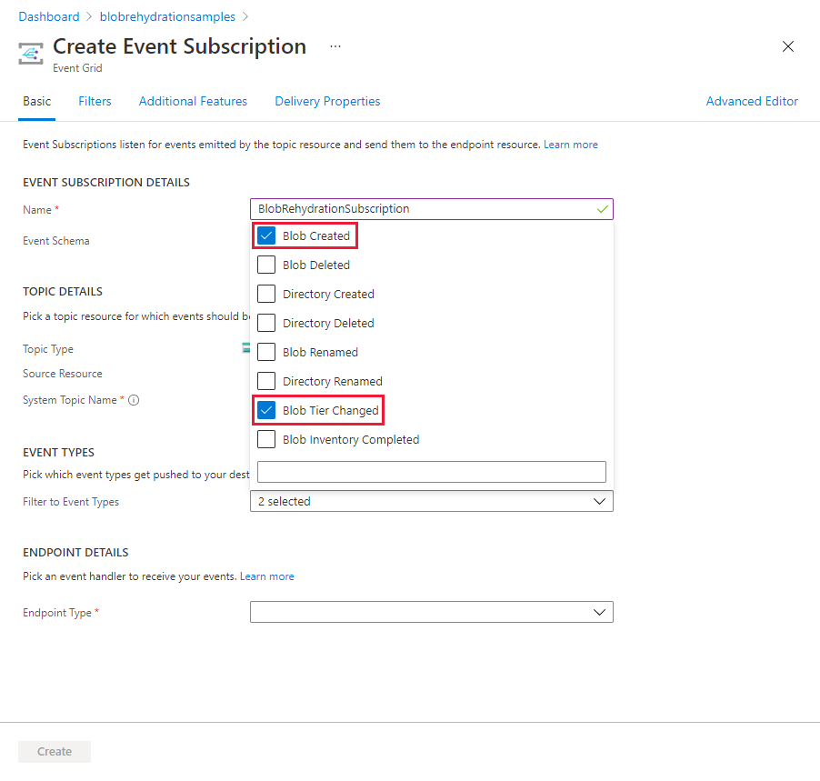Schermopname die laat zien hoe u gebeurtenistypen selecteert voor rehydratatiegebeurtenissen in de Azure-portal