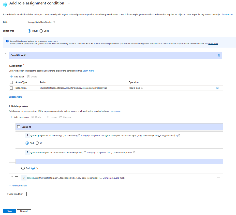 Schermopname van voorwaarde-editor in Azure Portal met leestoegang die is toegestaan via een specifiek privé-eindpunt voor getagde gebruikers.