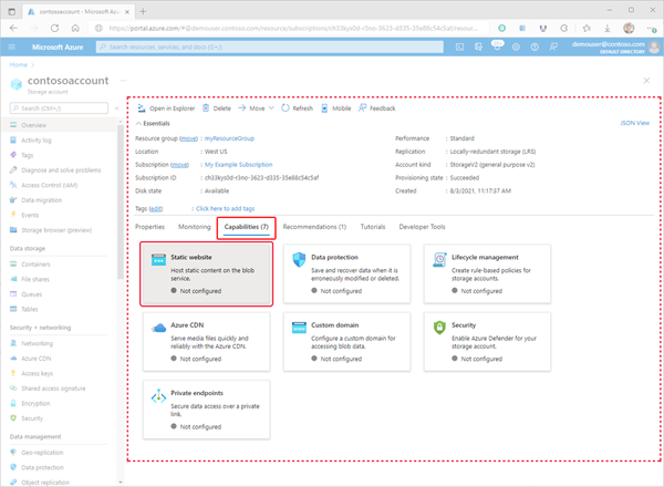 Afbeelding waarin wordt getoond hoe u de configuratiepagina van de statische website opent in Azure Portal
