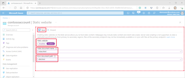 Afbeelding waarin wordt getoond hoe u de eigenschappen van de statische website instelt in Azure Portal