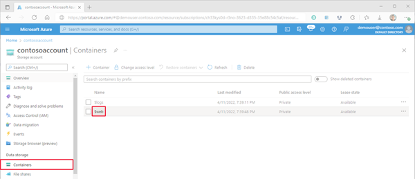 Afbeelding waarin wordt weergegeven waar de opslagcontainer van de website in Azure Portal moet worden gevonden