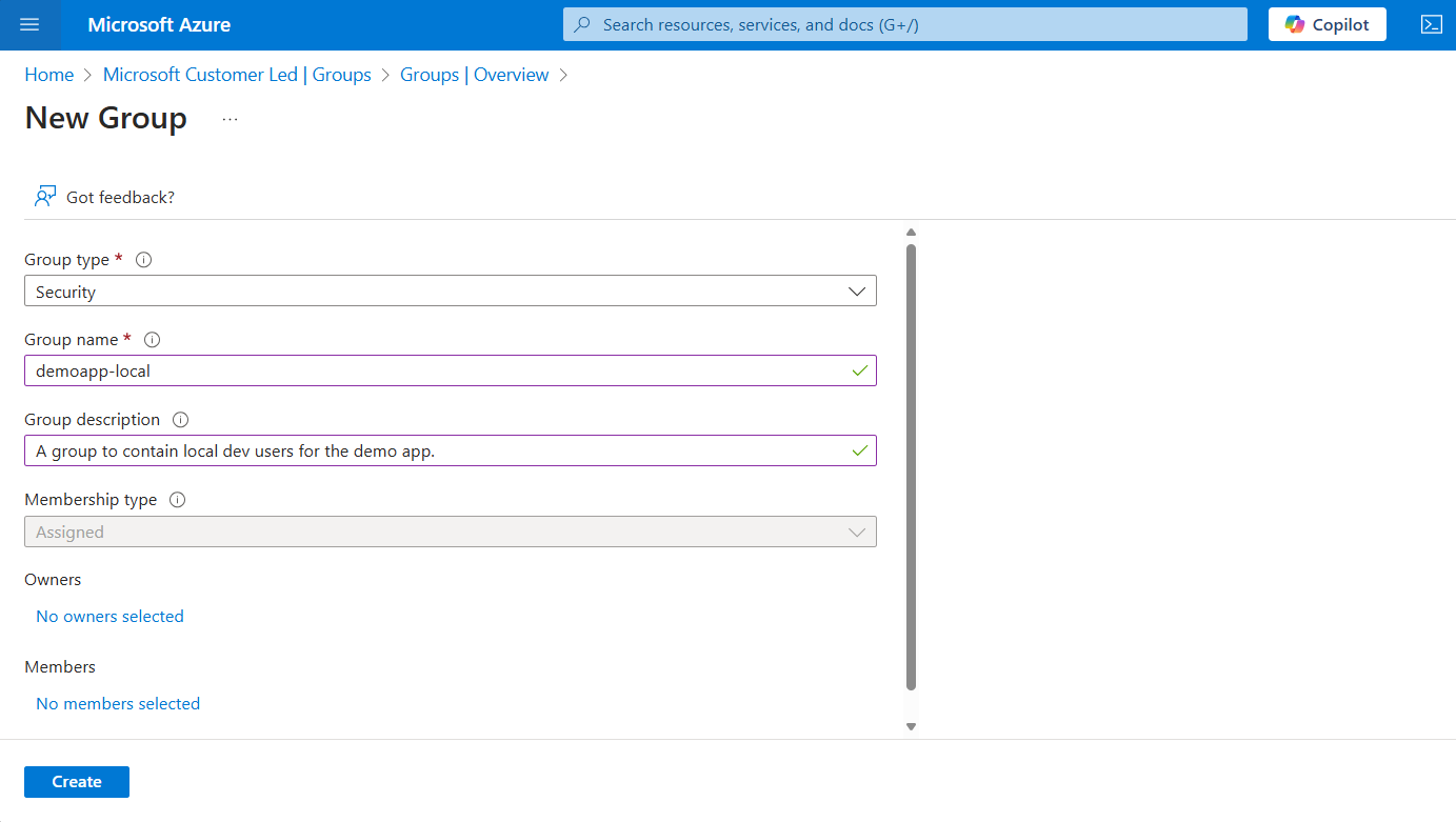 Een schermopname waarin wordt getoond hoe u een groep maakt in Azure Portal.