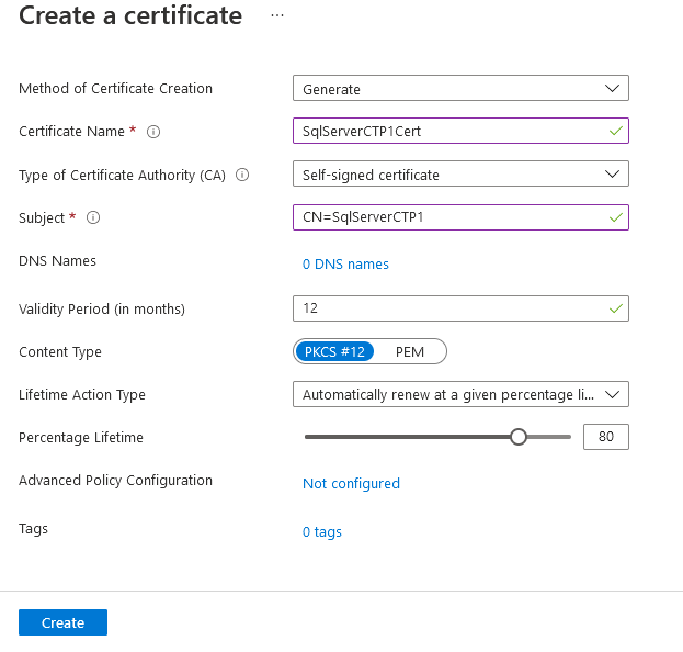 Schermopname van het maken van een certificaat in Azure Portal.