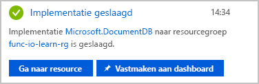 Schermopname van een melding dat de implementatie van het databaseaccount is voltooid.