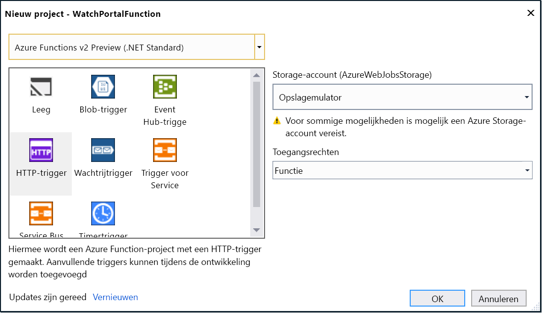 Schermopname van de beschikbare Azure-functietriggers, met HTTP-trigger gemarkeerd.