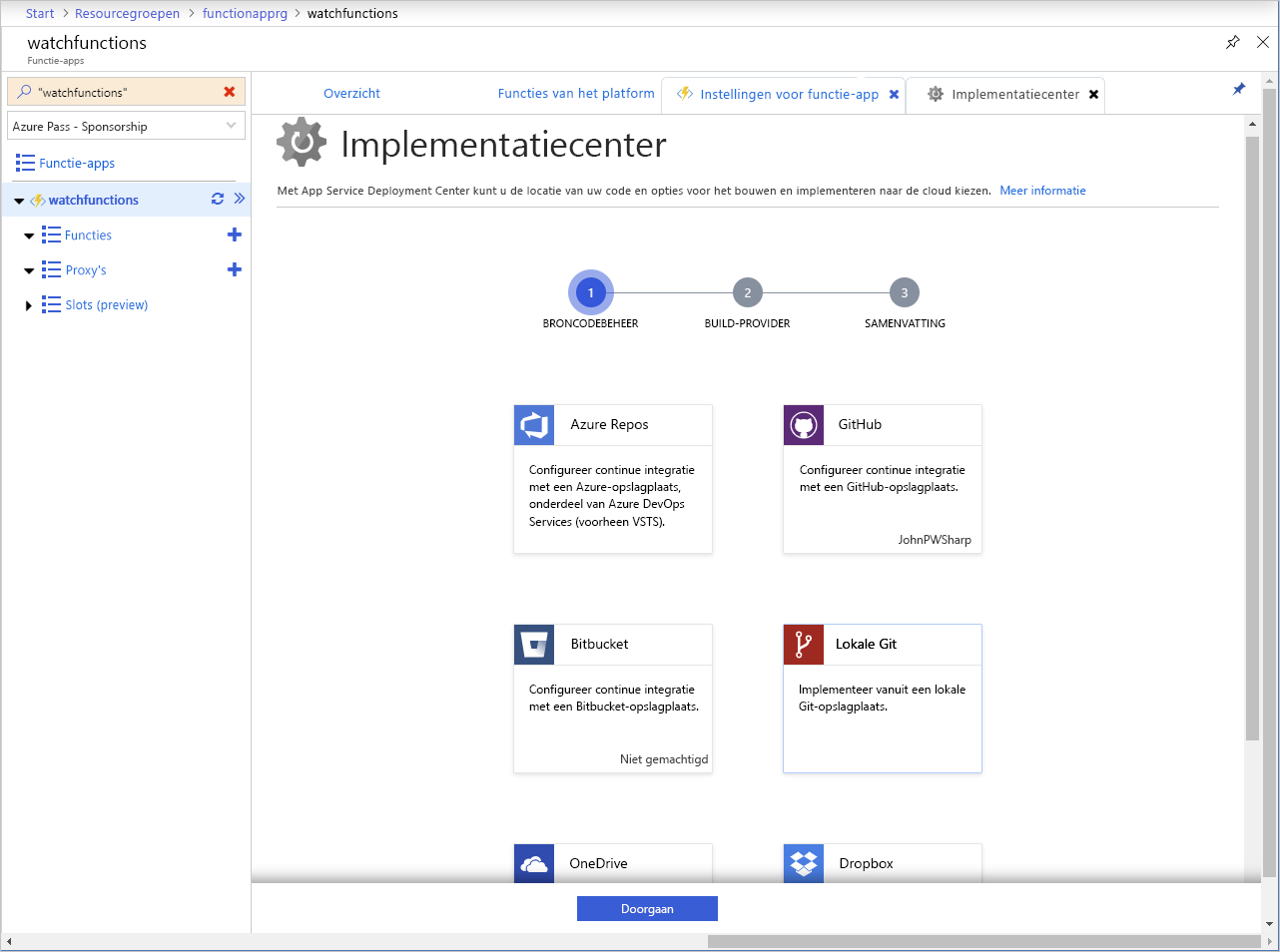 schermopname van de pagina Implementatiecentrum in een Azure Functions-app.