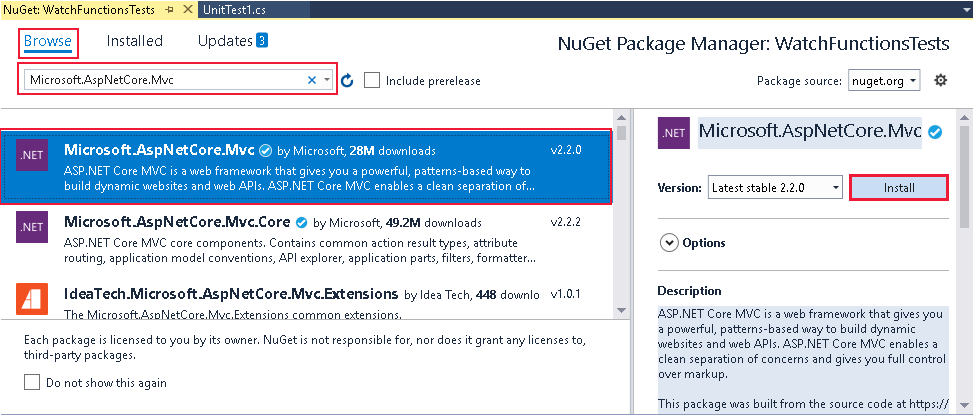 Schermopname van het venster NuGet Package Manager. De gebruiker installeert het Microsoft.AspNetCore.Mvc-pakket.