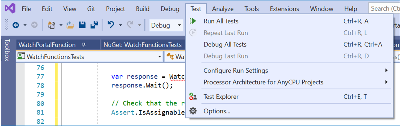 Schermopname van het menu Testen in Visual Studio. De gebruiker heeft Uitvoeren -> Alle tests geselecteerd.