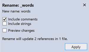 Schermafbeelding van een dialoogvenster voor Naam wijzigen in Visual Studio.