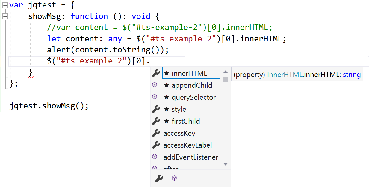 Schermopname met IntelliSense-resultaten voor het J-queryvoorbeeld.