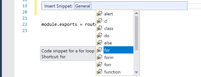 Codefragment voor een for-lus in Visual Studio