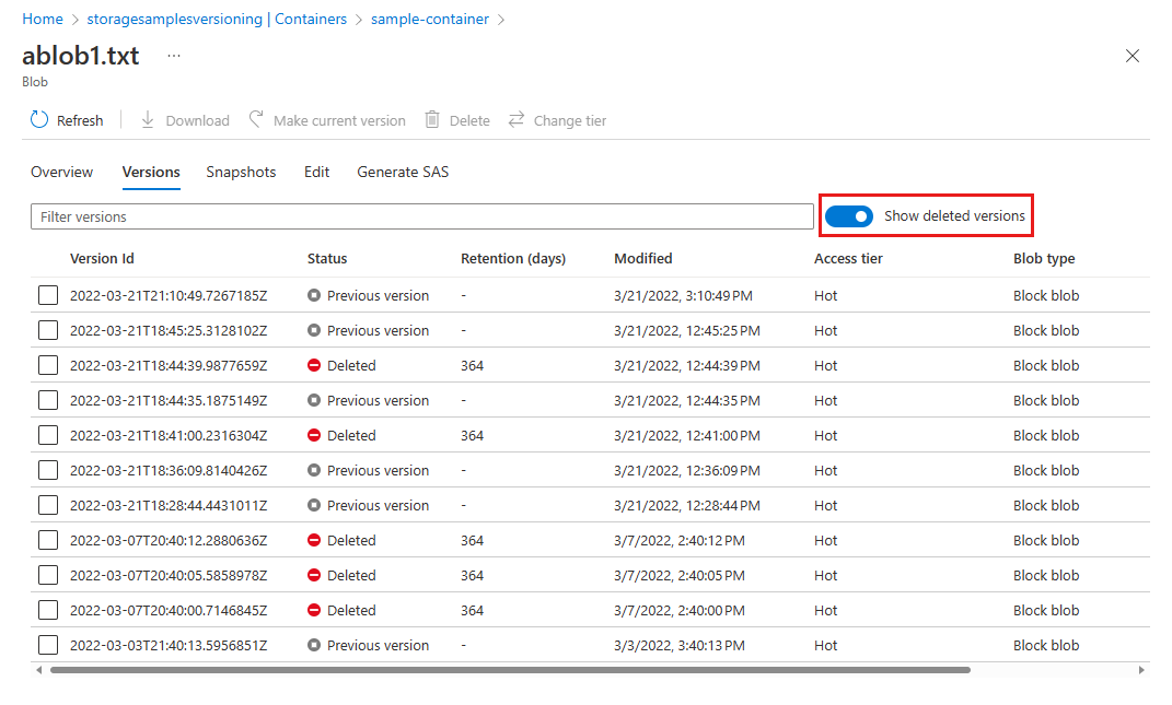 Zrzut ekranu przedstawiający sposób wyświetlania listy nietrwale usuniętych wersji w Azure portal.