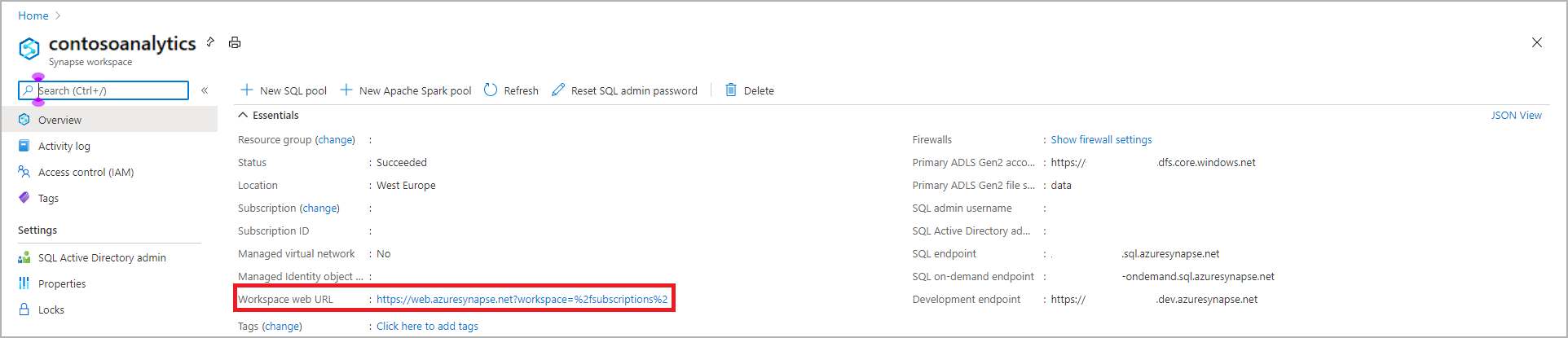 Zrzut ekranu przedstawiający przegląd obszaru roboczego usługi Synapse w witrynie Azure Portal z wyróżnionym internetowym adresem URL obszaru roboczego.