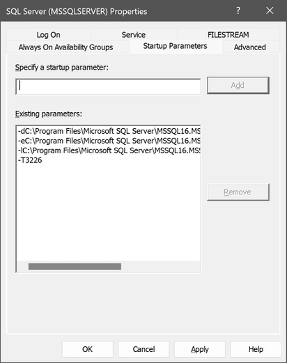 Zrzut ekranu przedstawiający okno dialogowe Właściwości programu SQL Server (MSSQLSERVER) z wybraną kartą Parametry uruchamiania.