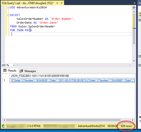 Zrzut ekranu danych wyjściowych FOR JSON w SQL Server Management Studio.