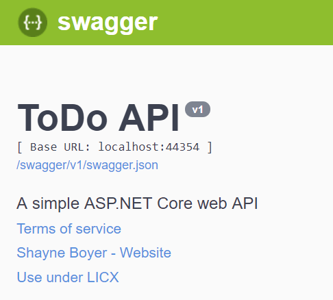 Пользовательский интерфейс Swagger с информацией о версии