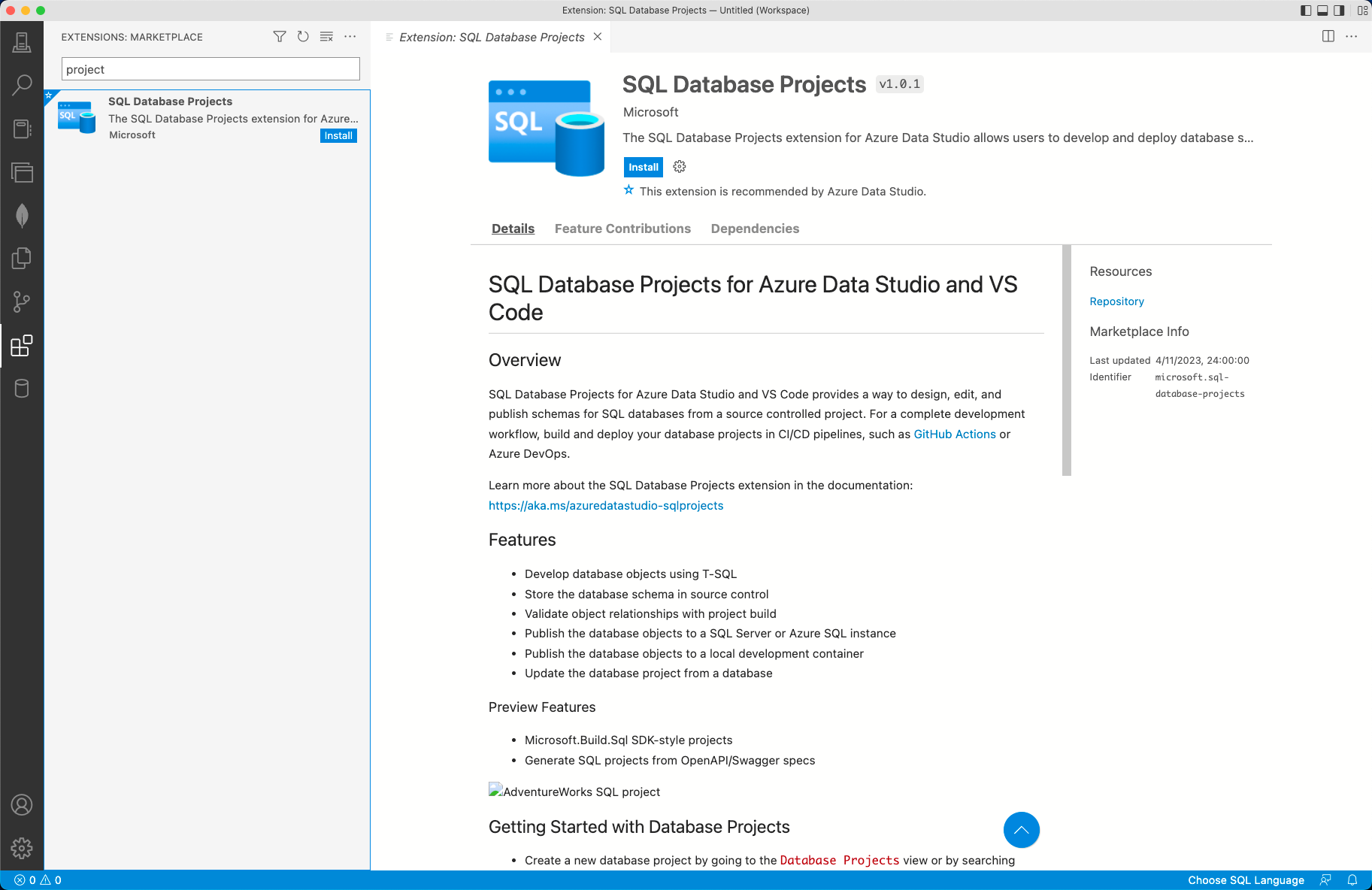 Снимок экрана Azure Data Studio, установка расширения.