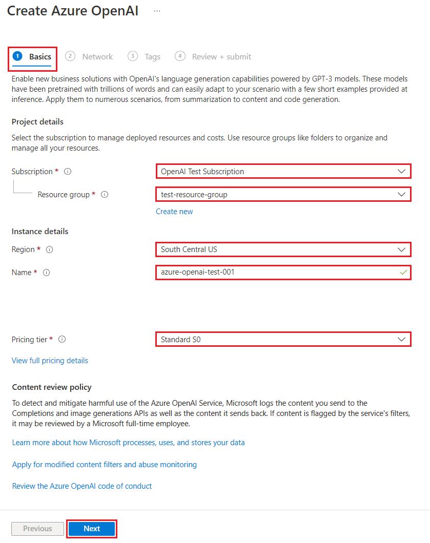 Снимок экрана, показывающий, как настроить ресурс Azure OpenAI в портале Azure.