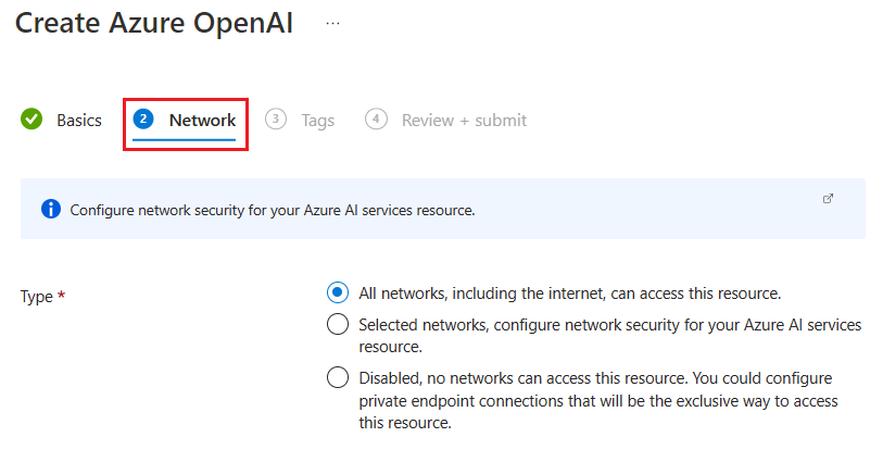 Снимок экрана, показывающий параметры безопасности сети для ресурса Azure OpenAI в портале Azure.