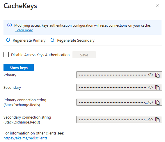 Снимок экрана: панель ключей доступа к кэшу Redis для Azure.
