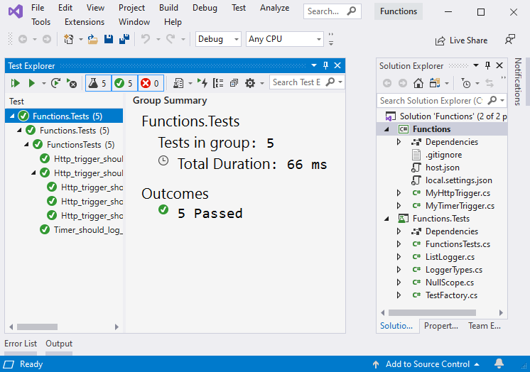 Снимок экрана: тестирование функций Azure с помощью C# в Visual Studio.