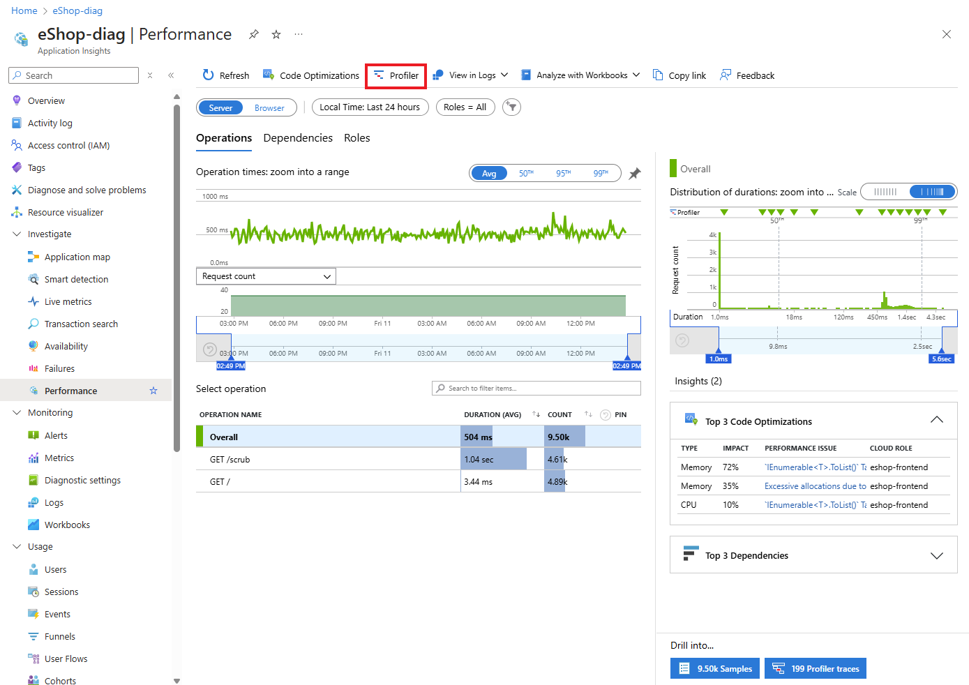 Снимок экрана портала Azure, на котором показано, как перейти к профайлеру Application Insights.
