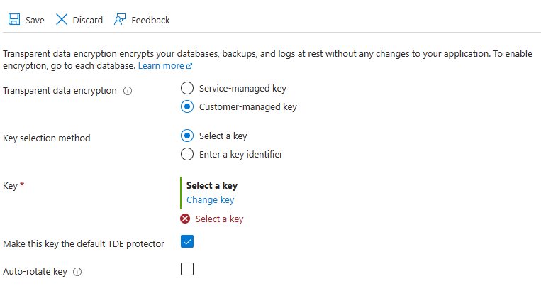 Скриншот меню прозрачного шифрования данных в Azure портале для сервера.