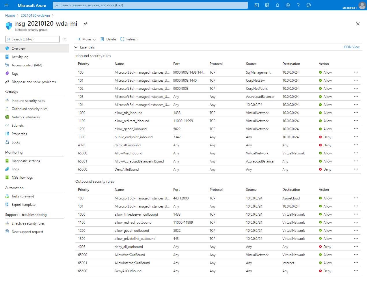 Снимок экрана правил безопасности для вашего экземпляра в портале Azure.