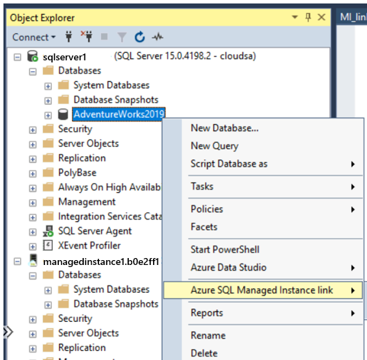 Снимок экрана, показывающий опцию ссылки на управляемый экземпляр SQL Azure в контекстном меню.