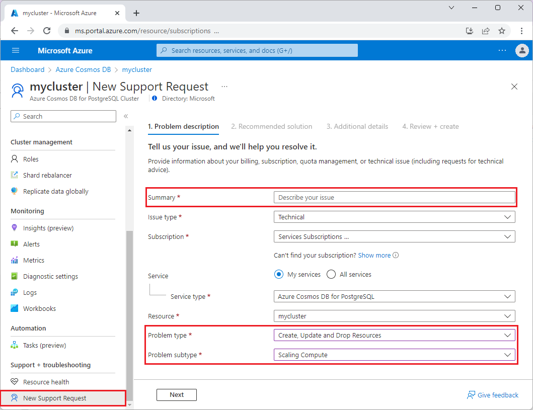 Снимок экрана, показывающий запрос на поддержку в портале Azure.
