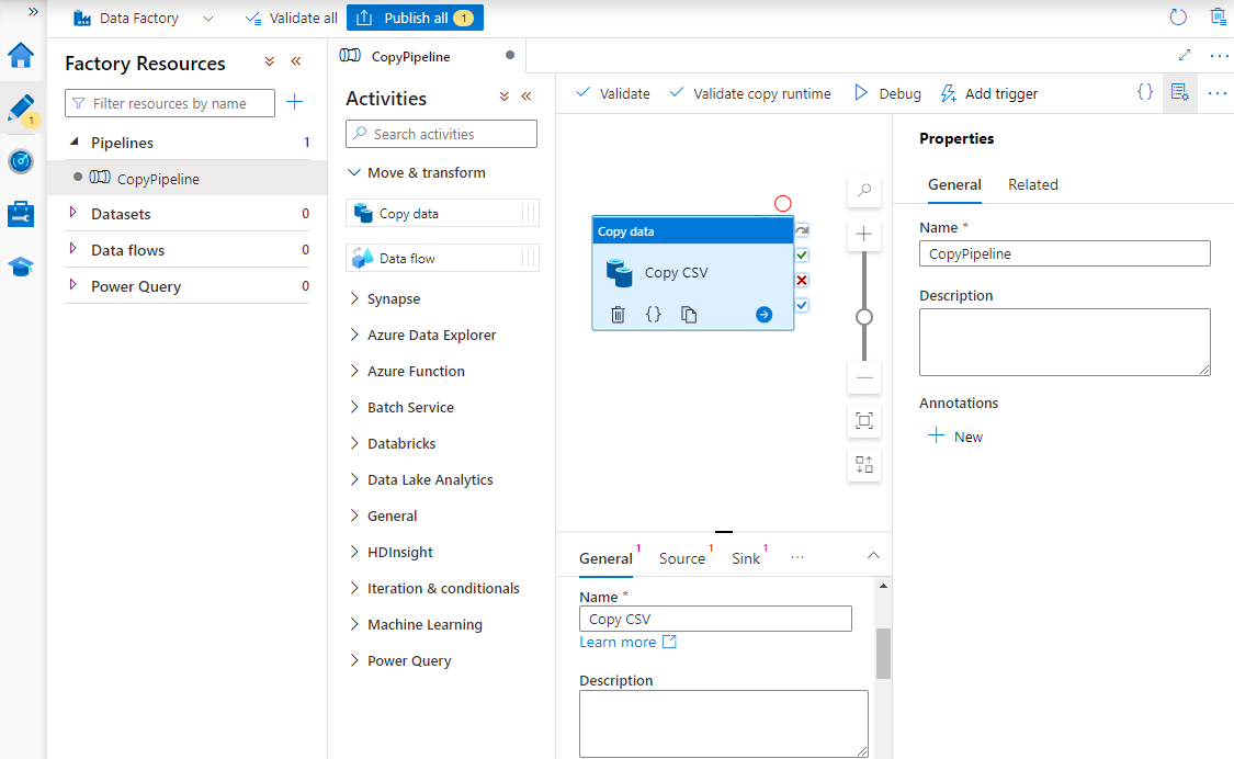 Снимок экрана, показывающий конвейер в Azure Data Factory.