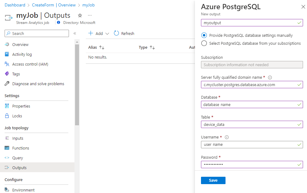 Настройте выходные данные задания в Azure Stream Analytics.