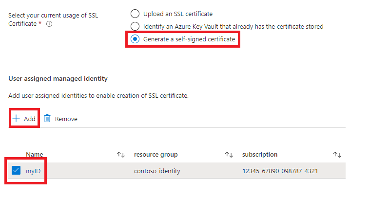 снимок экрана портала Azure с полями для создания самозаверяющего сертификата.