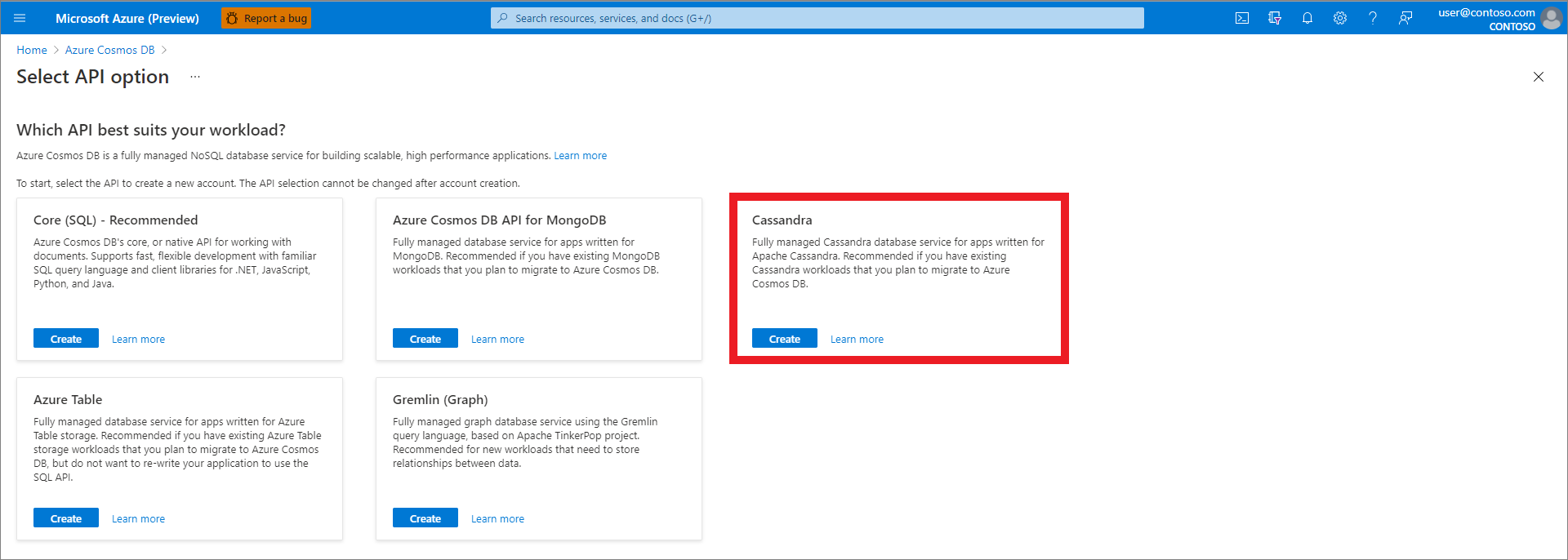 На портале Azure создайте ресурс, выберите опцию API, затем выберите Cassandra.