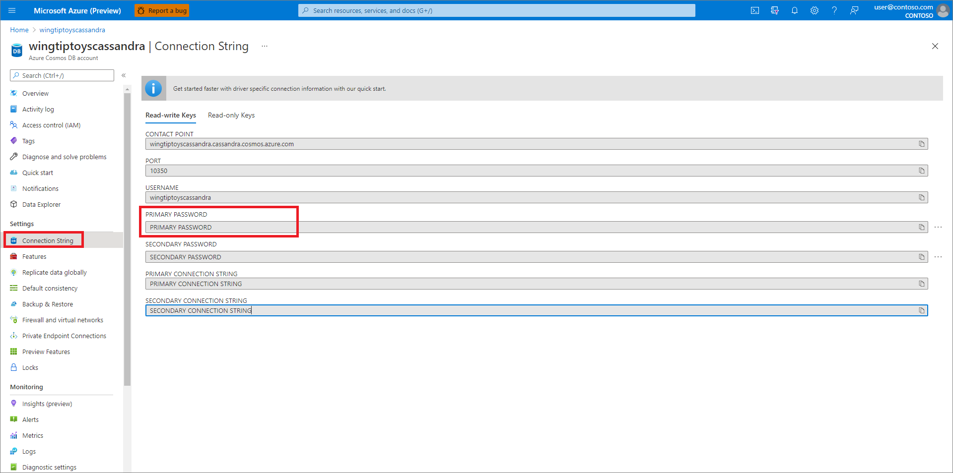 Извлеките параметры подключения вашей базы данных Azure Cosmos DB.