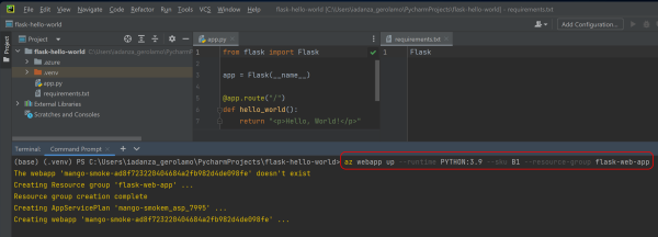 Снимок экрана интегрированной среды разработки PyCharm с командой Azure CLI, развертывающей веб-приложение.