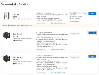 Снимок экрана: выбор продукта Azure Data Box. Выделена кнопка 