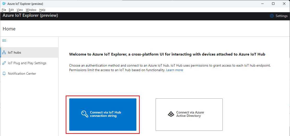 Снимок экрана: панель приветствия обозревателя Интернета вещей Azure с выделенным параметром подключения через строку подключения Центра Интернета вещей.