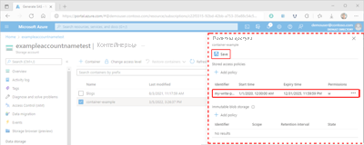 Снимок экрана: применение хранимой политики доступа на портале Azure.