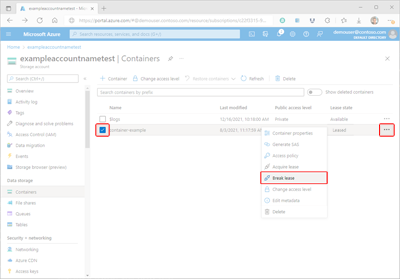 Снимок экрана, показывающий, как прервать аренду контейнера на портале Azure.