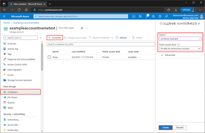 Снимок экрана: создание контейнера на портале Azure.